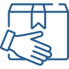 A blue icon of two hands shaking in front of a box.