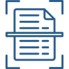 A blue icon of an open document with lines coming out it.